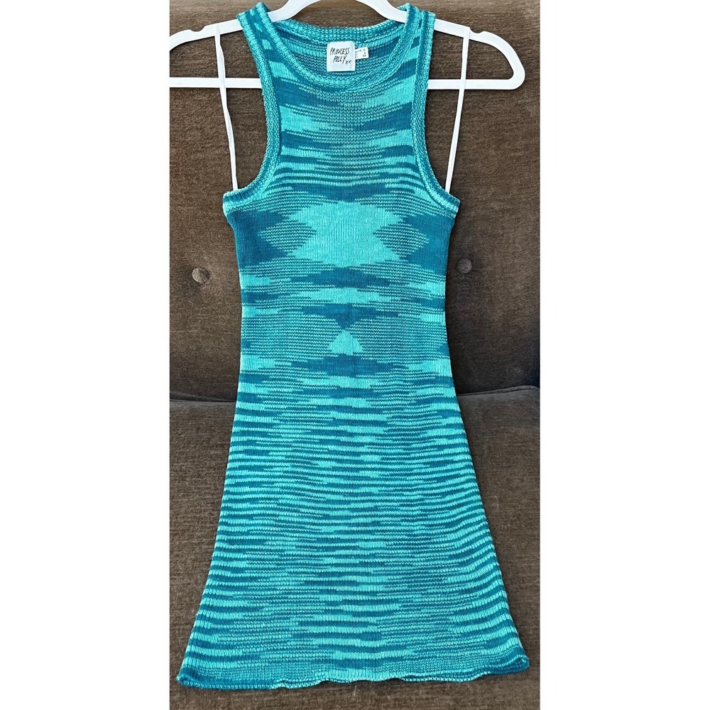 Princess Polly Knit Sleeveless Tank Dress Blue/Teal Geometric US 6 Women's